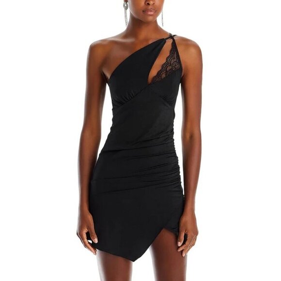 NWT Fore Asymmetrical Lace Trim Cocktail And Party Dress Black Size L - Picture 1 of 7